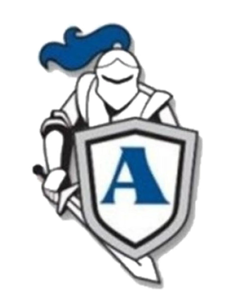 Illustration of a knight in armor with blue plume holding a shield featuring the letter 'A'