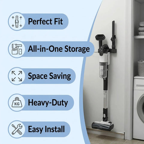 Wall Mount Docking Station For LVAC 200 Cordless Vacuum, Grab And Go Space Saving Accessory Holder installed in laundry room.
