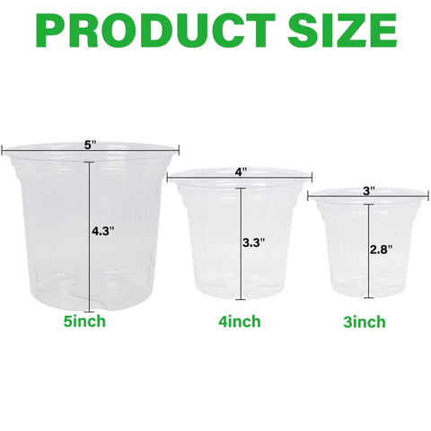 Product size comparison of 3, 4, and 5-inch clear nursery pots from the 4 Inch Seed Starter Tray Set With 60 Clear Nursery Pots For Seed Starting Indoors