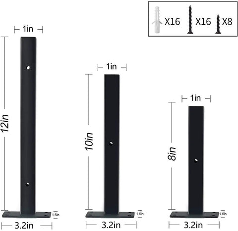 Measurements of three sizes of black powder coated brackets with mounting accessories. Beefy Four Pack Heavy Duty Floating Shelf Brackets 8 Inch Wall Mounted Industrial Steel Brackets For Shelves Each Holds Up To 70 Lbs Black Powder Coated Galvanized Steel Easy Stud Mount Hardware.