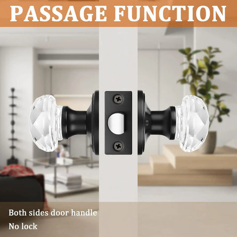 5 Pack Crystal Glass Passage Door Knobs Set With Flat Black Zinc Alloy Rosettes Nonlocking interior door handle