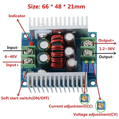 Beast Buck Converter Module 6-40V To 1.2-36V, 20A 300W Adjustable Step Down Regulator with short circuit protection, front view.