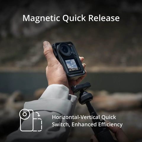 Person holding Osmo Action 4 Waterproof Action Camera Bundle With 4K 120fps, 1/1.3 Inch Sensor, featuring magnetic quick release.