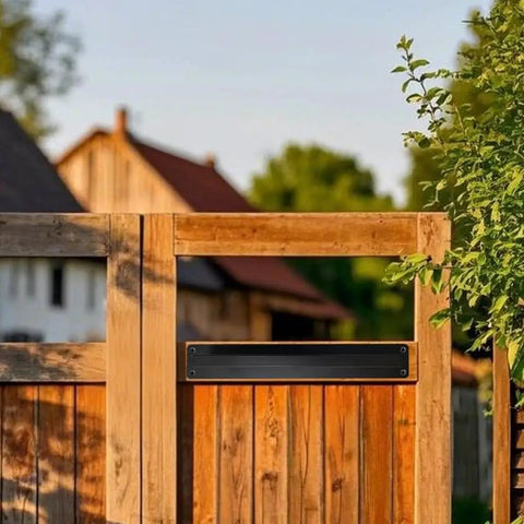 Heavy Duty 10 Inch Sliding Door Handle In Matte Black Stainless Steel Surface Mount on wooden gate with greenery backdrop.