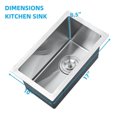 Top view of Stainless Steel Single Bowl Bar Sink For Undermount Prep In Small Kitchens 10 Inch By 17 Inch 8.5 Inch Deep 16 Gauge