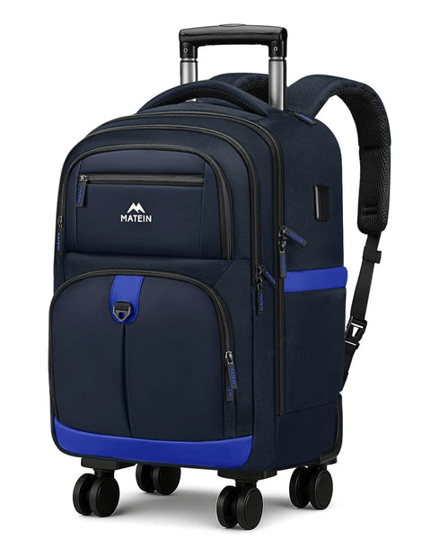 Dark blue USB charging rolling backpack with wheels and laptop sleeve