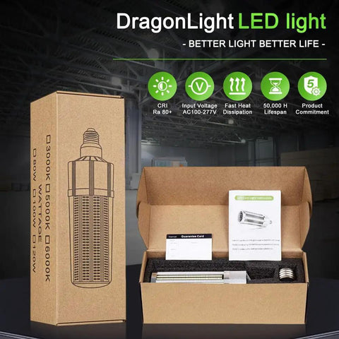 No Fuss 100W Corn LED Bulb for Commercial Lighting, Fanless, 12,000 Lumens, packaging showing E26/E39 compatibility