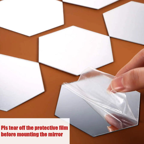 Peeling protective film off 32 Pcs Hexagon Mirror Wall Decals Removable Silver Acrylic Honeycomb Design For DIY Home Art