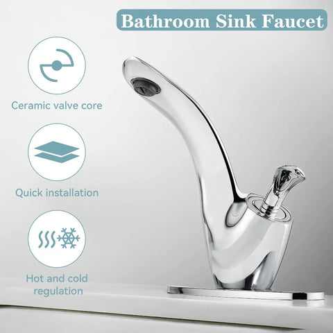 Leaf Type Chrome Bathroom Faucet With Modern Single Handle on white deck plate, featuring ceramic valve core and sleek design