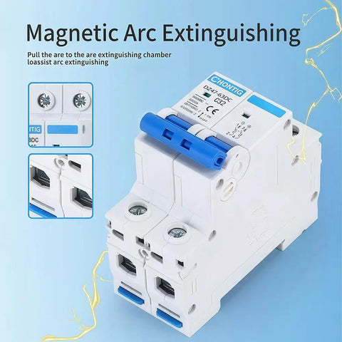 32 Amp DC Circuit Breaker Two Pole 500V Solar PV Disconnect Switch With Thermal Magnetic Trip DIN Rail Mount Isolator C32 Arc Quenching System Keeps Your Power Rig Safe From Overloads And Short Circuits., two-pole white DIN rail DC breaker with blue handle