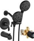 2 In 1 Dual Shower Head And Handheld Faucet Set With Tub Spout Wall Mount Trim Kit, 3 Way Diverter Valve, Matte Black, Durable Brass Construction