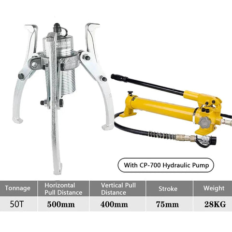 Rugged Split Hydraulic Gear Puller Kit With 50 Ton Hand Pump and versatile jaws, showing 50T rating and specs on extraction tool.