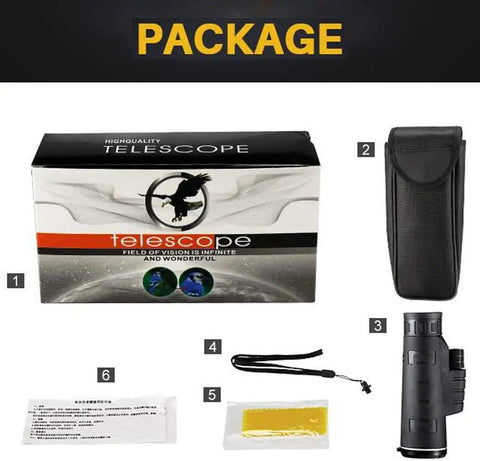 10X42 Monocular With Wide Angle View packaging including monocular, case, lens cloth, strap, and manual for outdoor activities.