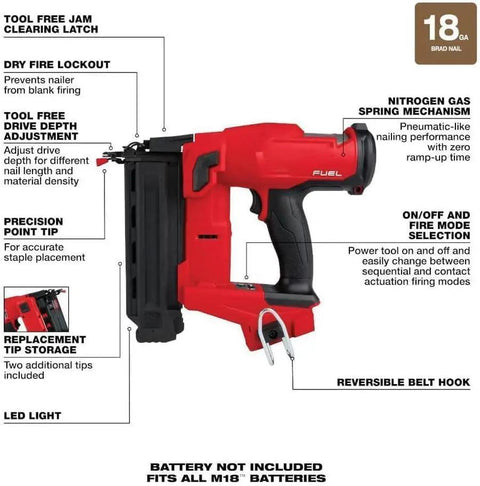 18 Gauge Cordless Brad Nailer Offering Kickass Trigger Response With Sequential Or Contact Actuation For Perfect Trim Applications Featuring Tool Free Depth Adjustments with LED light and adjustable drive depth.