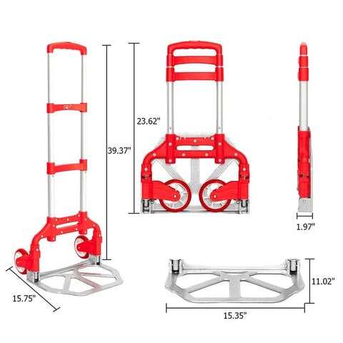 Slick Folding Hand Truck Dolly With 165 Lb Capacity And Telescoping Handle Dang Lightweight Portable Cart with red handle and smooth wheels.