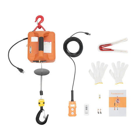 Heavy Duty 440 Lb Electric Winch Hoist With Three Control Modes Including Wireless Remote And Manual Switch For Shop Jobs showing hoist, controls, gloves, and accessories.