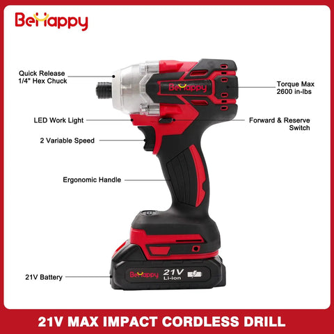 Cordless Drill Kit 21V Brushless One Half Inch Power Tool Set With One Quarter Inch Impact Driver Includes Two Batteries And Charger