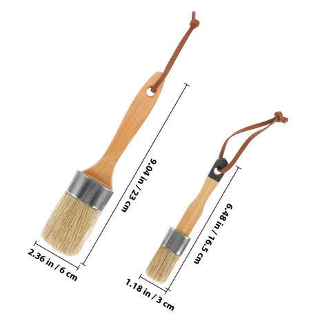 Two Pack Paint Brushes For Walls And Decks With Oval Wood Handle And Synthetic Bristles side by side showing size dimensions