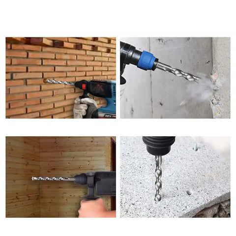 17 Piece SDS Plus Rotary Hammer Drill Bits And Chisels Set in use on brick, stone, wood and concrete surfaces, demonstrating versatility.