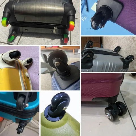 Top Shelf Smooth Roll Replacement Wheels For Suitcases And Travel Cases Featuring Silent Swivel Casters With Secure Axles and various travel cases.