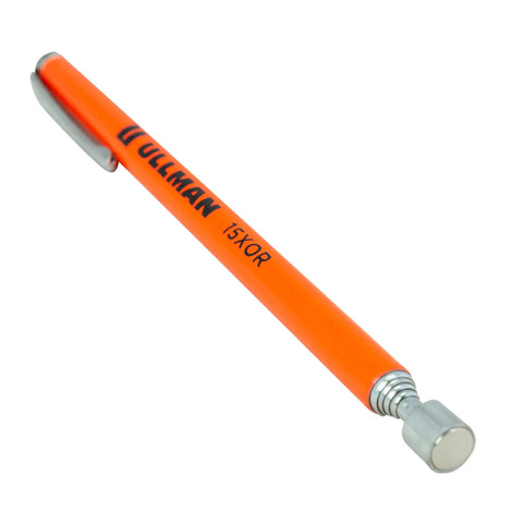 High Visibility Orange Magnetic Pick Up Tool With Telescoping Reach And Pocket Clip, metal magnetic end, compact design.
