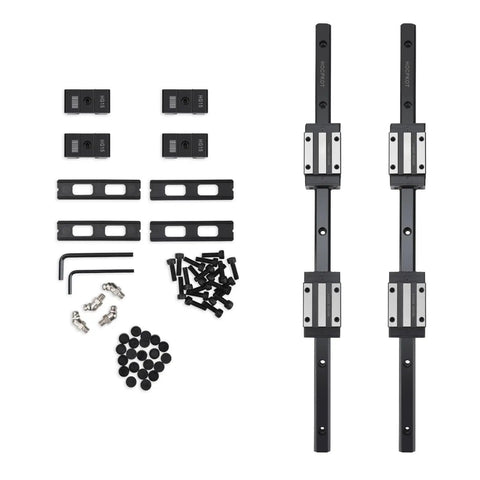 400mm Linear Guide Kit with two rails, four HGH15CA carriage blocks, four HG15 end stop blocks, screws, and tools displayed