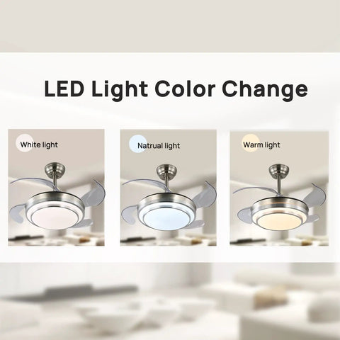 36 Inch Retractable Ceiling Fan With Lights And Remote Control, LED light color change options in white, natural, warm