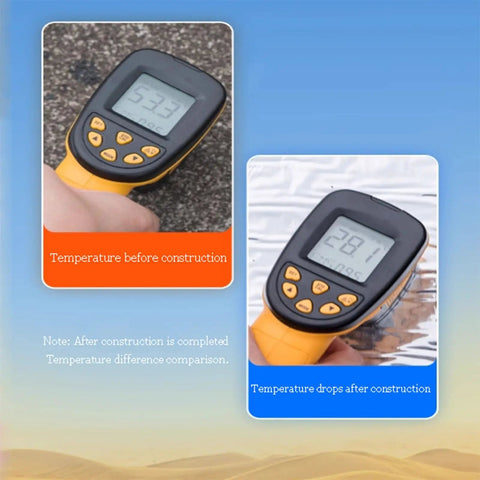 Temperature comparison before and after construction using an infrared thermometer, showing 533 and 281 degrees.