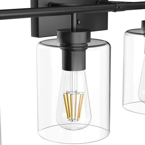Close-up of Dope Four Light Black Bathroom Vanity Light Over Mirror with Clear Glass Shades, matte black finish, vintage style