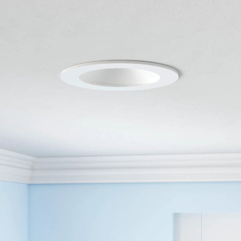 Six Pack 6 Inch Smart Can Lights With WiFi Bluetooth Remote RGBCW Multicolor Recessed LED Downlights installed on ceiling