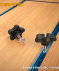 Close-up of wing nuts for Rock Solid 24 Inch Double Cut Universal T Track Kit used in shop setups. Heavy duty material focus.