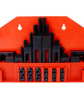 58 Piece T Slot Clamping Kit For Milling And Machining Set With Cleaner And Tightening Wrench Includes 3 4 5 6 7 8 Inch Studs Coupling Nuts Flanged Nuts Forged Steel Step Clamps T Nuts Step Blocks Wall Rack Great For DIY And Professional Shop Use. red rack with clamps, studs, and nuts