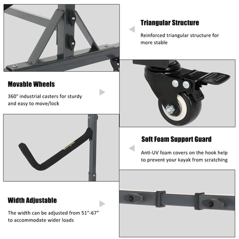 Heavy Duty Kayak Stand And Dual Storage Rack With Rolling Lockable Wheels adjustable width and movable wheels detail.
