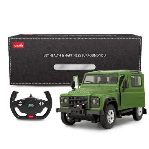 Land Rover Defender RC Car One Fourteenth Scale Remote Control Toy Model With Manual Door Open Green Off Road Ready For Kids And Grown Ups Fast Five MPH Top Speed Remote Range Up To Ninety Eight Feet Officially Licensed By Land Rover