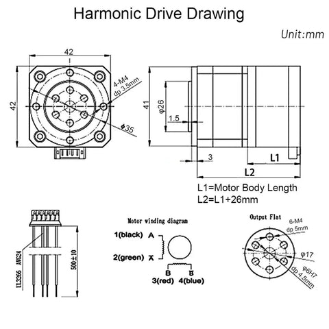 Technical drawing of Mini Harmonic Drive High Precision Strain Wave Gear Reducer Rotary Actuator For Industrial Robots Motor Kit, 60mm motor dimensions