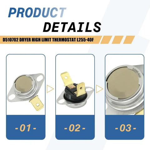 Product details of 2 Pack Dryer High Limit Thermostat L255-40F For 510702 Replacement, showing close-up of thermostat design and terminals