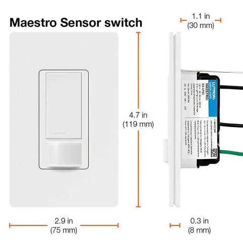 Front and side view of Automatic Motion Sensor Light Switch For Indoor Use In Bathroom, Garage, Laundry, Closet, Single Pole, No Neutral, Occupancy Activated, Auto On Auto Off, Easy Install, Three Pack showing dimensions.