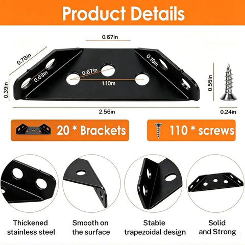 Tough As Nails Black Stainless Steel Corner Braces For Wood Lock Tight L Brackets with dimensions and 110 screws for furniture support.