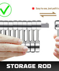 Hands holding Hardworking SAE Torque Adapters 9 Piece Set for Wrenching on a storage rod, showcasing compact organization.