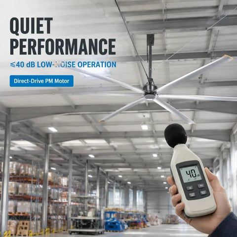 287 Inch Industrial Ceiling Fan Heavy Duty Workhorse With 6 Aluminum Blades Permanent Magnet Direct Drive Motor Variable Speed Warehouse Ventilation Crushes Dead Air Fast For Factories Gyms And Livestock Barns Straight Outta Efficient Cooling Power, showing quiet operation under 40db.