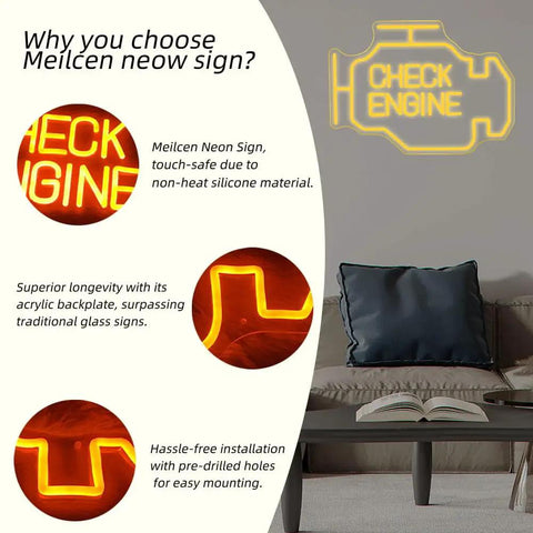 Check engine neon sign in warm white LED, wall-mounted in a living room for cozy ambiance. Meilcen design with silicone, easy install.