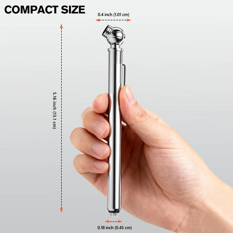 Hand holding 2 Pack Slim Pencil Tire Pressure Gauge Set With 10-75 PSI Range, 70-550 kPa And 0.7-5.5 Bar, stainless steel body.