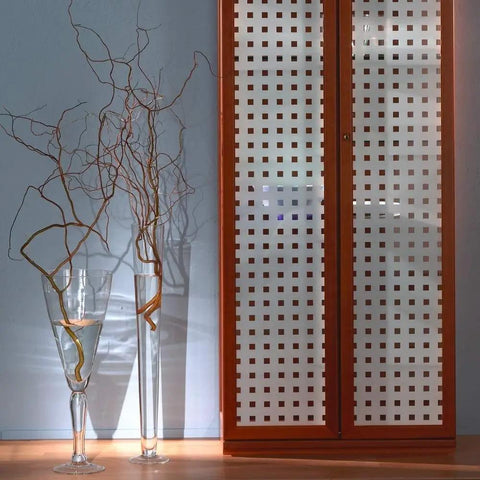 Privacy Glass Reusable Static Cling Window Film For Privacy On Glass Doors Windows Showers And Tabletops Removable Repositionable Decorative Film Matrix Caree Design 26 By 59 Inch Roll on a wooden cabinet