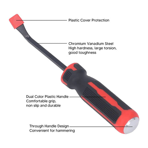 Heavy Duty 8 Inch Pry Bar Set Featuring Curved Hook Head And Integrated Strike Hammer End With Chunky Plastic Grip for auto repair showing red and black dual color handle.