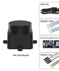 FHL-LD19 Plus 2D Lidar Sensor with 25 Meter Range and 360 Degree Scan for DIY Bots, includes cables and adapter kit.