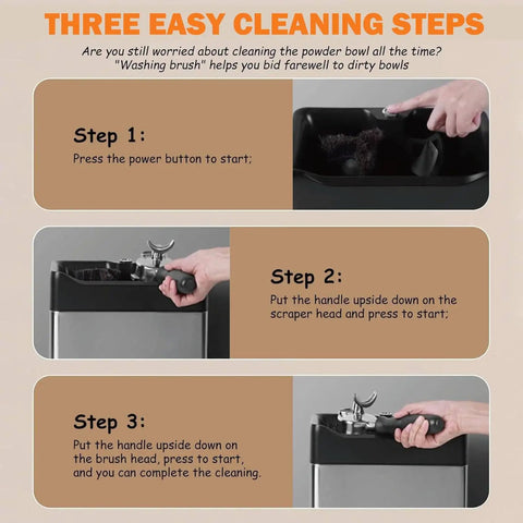 Straight Up Slick Electric Espresso Knock Box With Auto Portafilter Cleaner And Rapid Coffee Grounds Disposal Bin Keeps Your Bar Counter Spick And Span In Classic Black cleaning steps showing power button and brush usage.