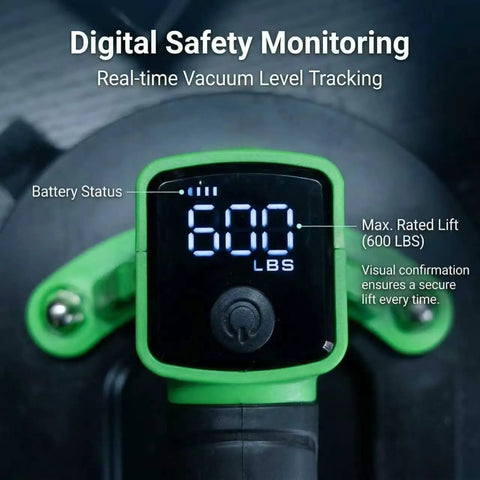 Hella Heavy Duty Electric Suction Lifter For Glass, Granite & Tile digital display showing 600 lbs lift capacity and battery status.