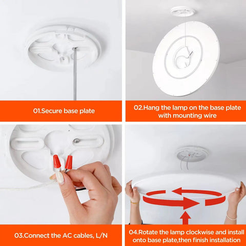 Installation steps for Remote Control Flush Mount LED Ceiling Light 18 Inch Round Fixture with dimmable and color-changing functions.