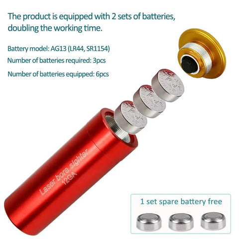 12 Gauge Red Dot Laser Bore Sight In Chamber Cartridge with two battery sets, copper finish, safe Class IIIA beam