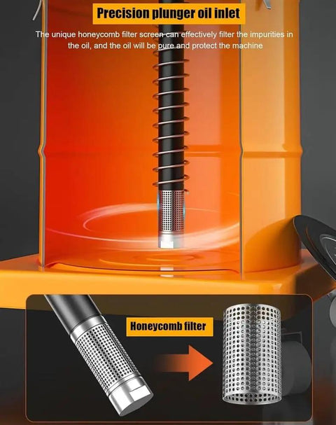 Pro Gear Air Powered Grease Pump Setup For Twenty Liter Barrels showing precision plunger oil inlet with honeycomb filter.